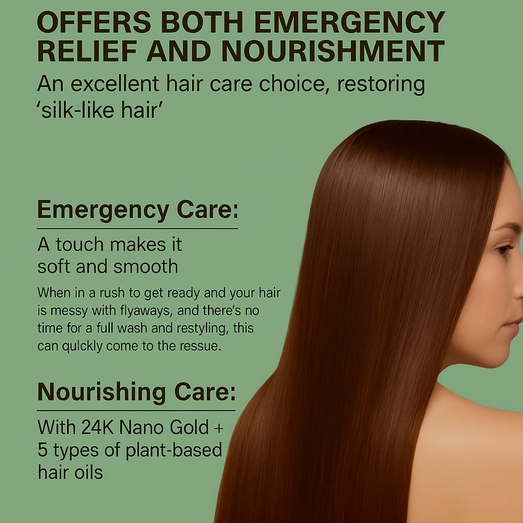 Hair care product advertisement with a woman's long brown hair and text about emergency and nourishing care.