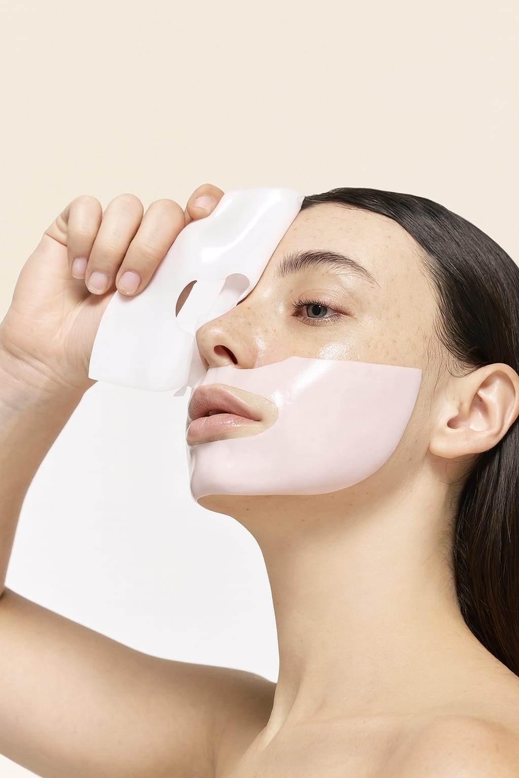 Person applying a white face mask with a neutral background
