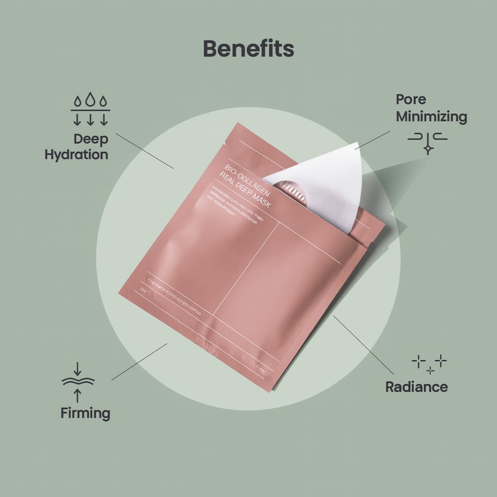 Sheet mask packaging with benefits listed on a green background