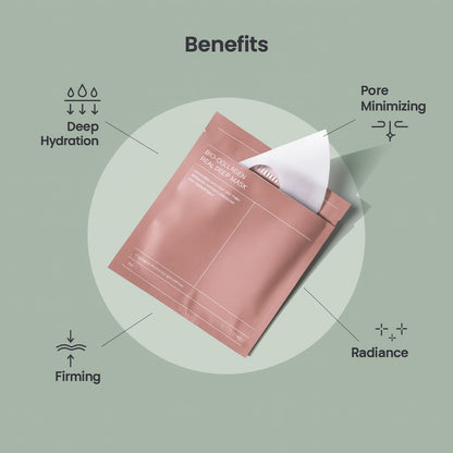 Sheet mask packaging with benefits listed on a green background