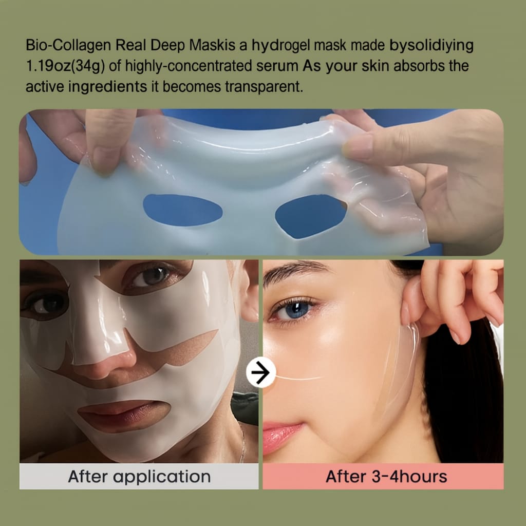 Bio-Collagen Real Deep Mask with text about its use and effects on skin.