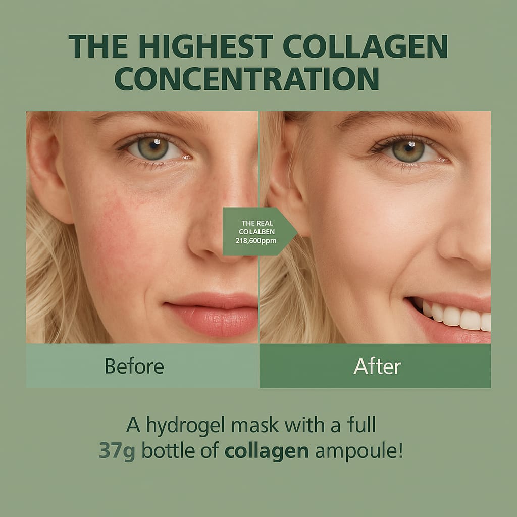 Before and after comparison of a woman's face with text highlighting collagen concentration.