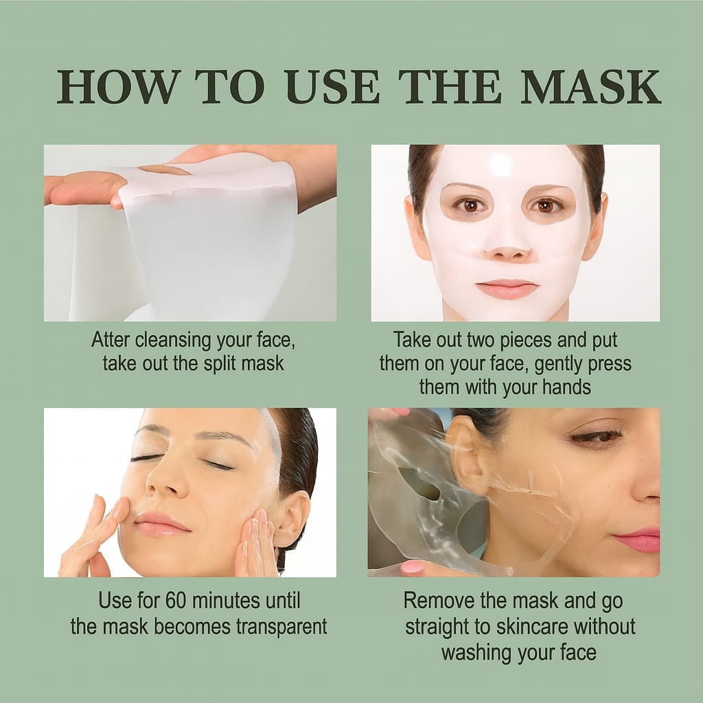 Instructions on how to use a facial mask with step-by-step images and text.