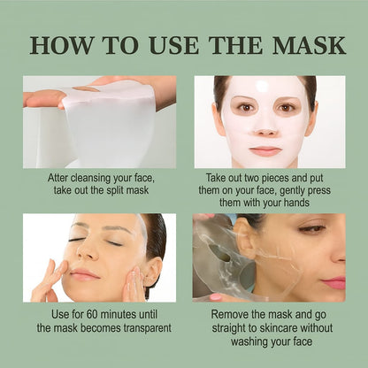 Instructions on how to use a facial mask with step-by-step images and text.