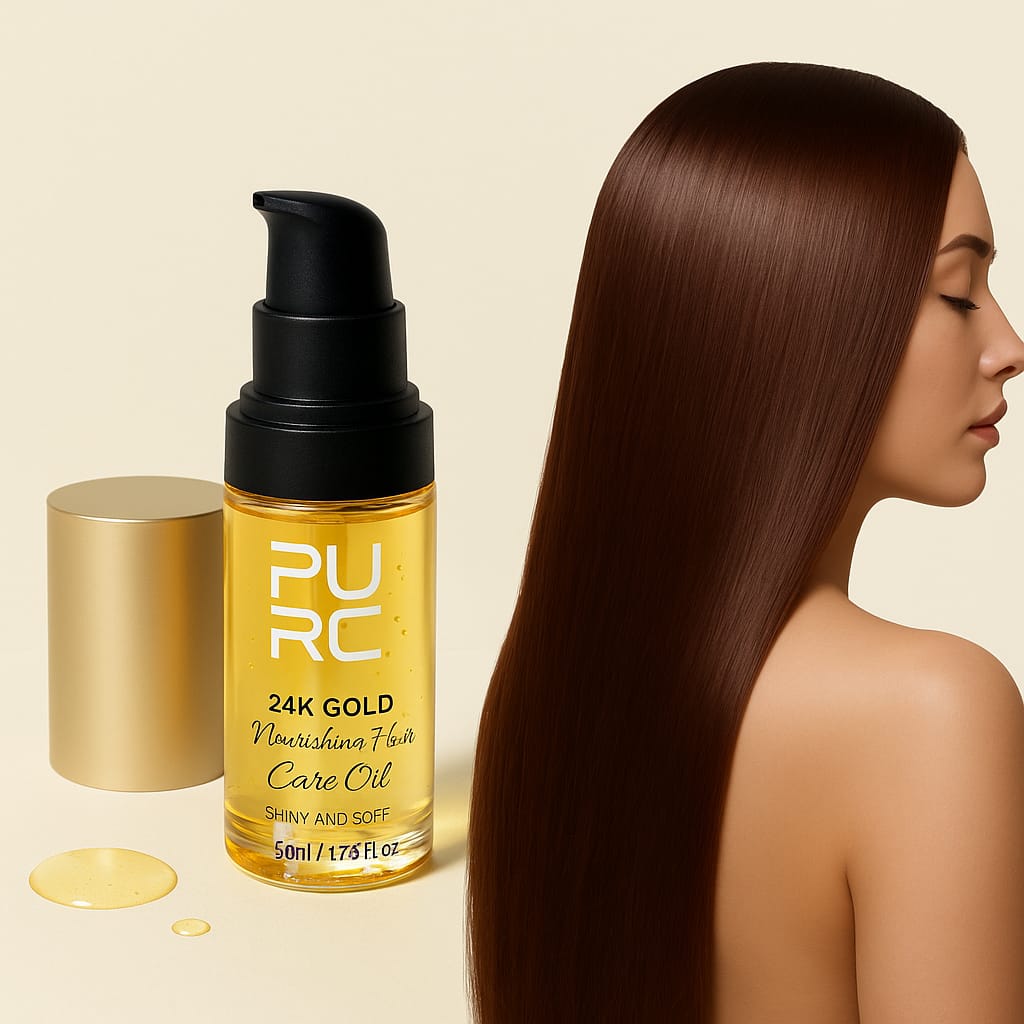 Hair care oil bottle with a woman having long, straight hair on a beige background