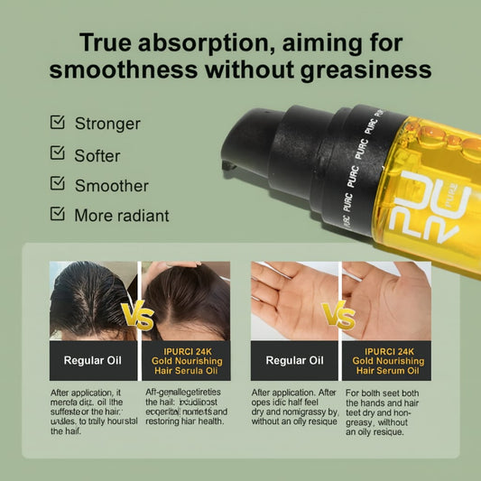 Hair serum bottle with text highlighting features and comparisons on a green background