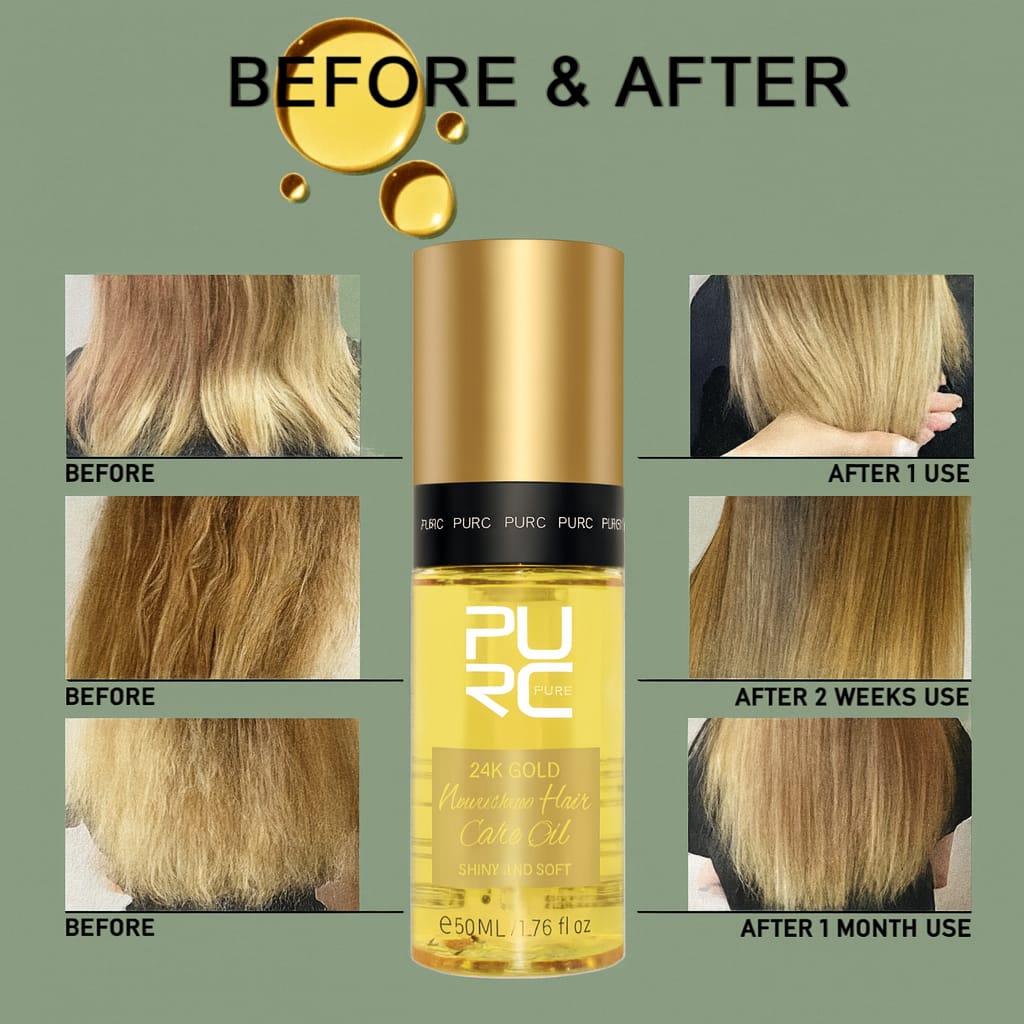 Hair oil product with 'Before & After' hair transformation images on a green background