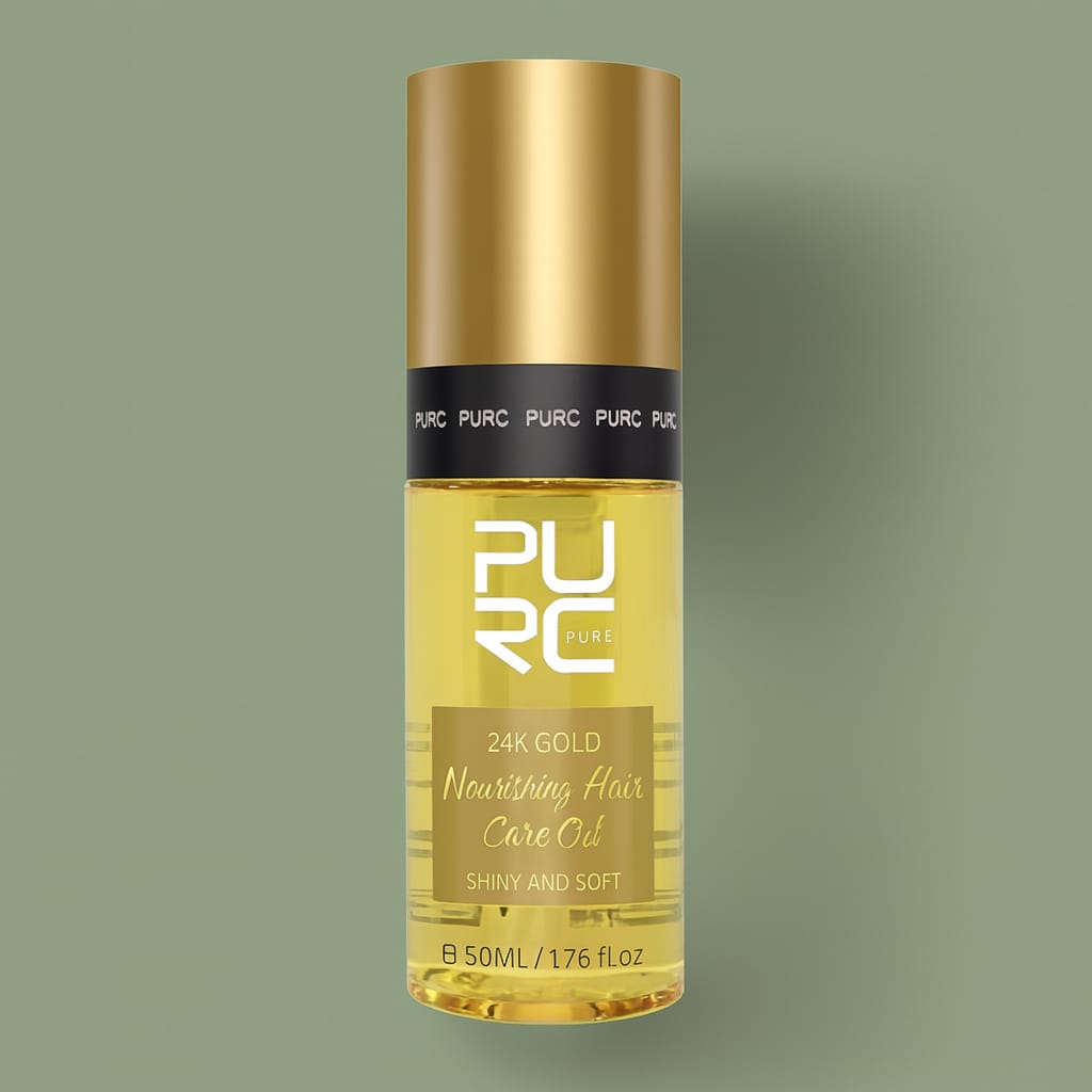 Gold bottle of PURC hair care oil on a green background