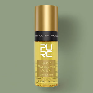 Gold bottle of PURC hair care oil on a green background