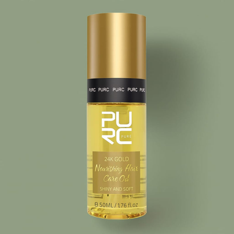 Gold bottle of PURC hair care oil on a green background