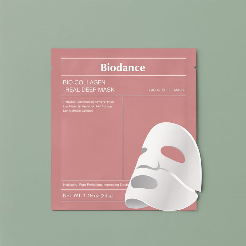 VeiVie Bio Collagen Real Deep Mask from Biodance packaging on a green background